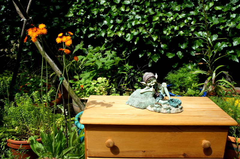 Das Bild zeigt symbolisch, wie ich die Gnome aus meinem Kleiderschrank freundlich in meinen Topfgarten habe umziehen lassen