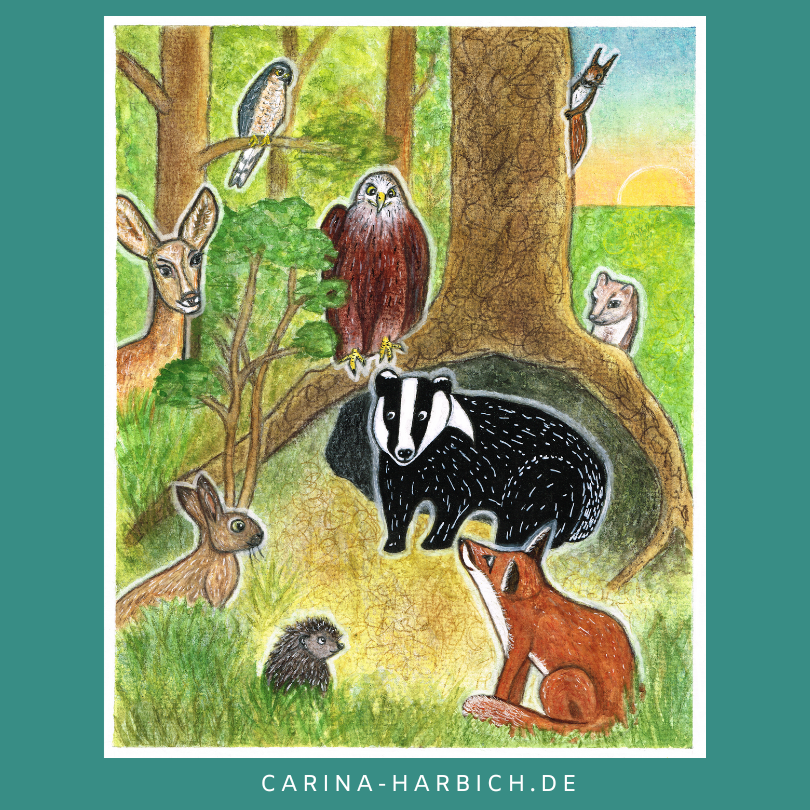 Das Bild zeigt eine Tierversammlung am Waldrand. In der Mitte ist der Dachs vor seiner Höhle, darum herum haben sich Fuchs, Igel, Hase, Reh, Sperber, Milan, Eichhörnchen und Marder versammelt.