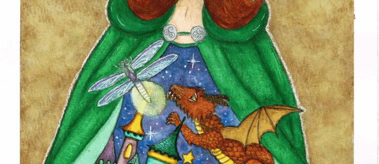 Das Bild zeigt eine Frau mit rotem Haar und grünem Umhang. Sie hat den Umhang ausgebreitet und daraus kommen ein Drache geflogen, eine leuchtende Libelle, es sind ein altes Buch, eine Feder, Zaubertrankflasche, ein buntes Schloss, eine Harfe und eine Meerjungfrau zu sehen. Mixed Media. Whimsical.