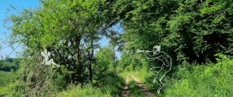Das Bild zeigt einen sonnenbeschienenen Weg mit Büschen, die ein natürliches Tor bilden und eingefügten Grafikelementen wie Fee und Faun. Es soll die Frage unterstreichen, warum ich die feinstoffliche Natur als Anderswelt bezeichne.