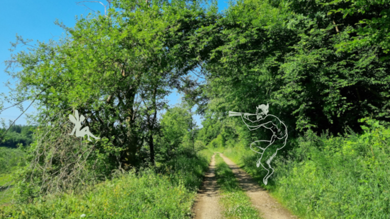 Das Bild zeigt einen sonnenbeschienenen Weg mit Büschen, die ein natürliches Tor bilden und eingefügten Grafikelementen wie Fee und Faun. Es soll die Frage unterstreichen, warum ich die feinstoffliche Natur als Anderswelt bezeichne.